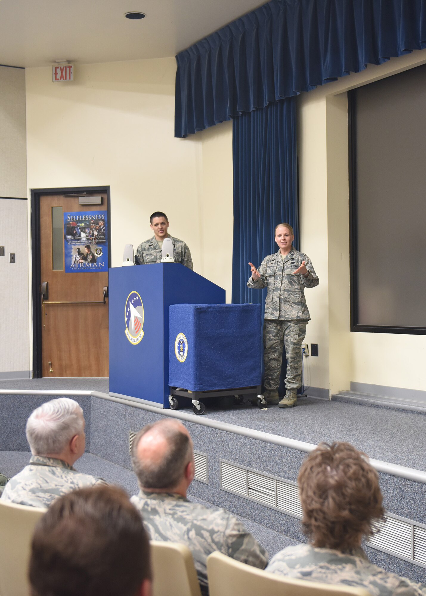 Lt. Col. Amy Crossley, 193rd Special Operations Maintenance Squadron commander, addresses the audience at her change-of-command ceremony June 11 at the 193rd Special Operations Wing, Middletown, Pennsylvania. Crossley is the first female maintenance squadron commander at the 193rd SOW. (U.S. Air National Guard photo by Airman 1st Class Julia Sorber/Released)