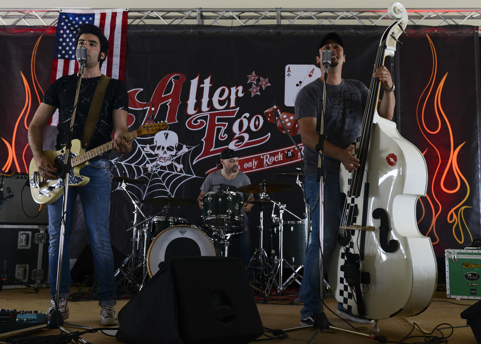 Alter Ego, a local Italian band, plays classic rock n’ roll music during a wing picnic, June 9, 2016, at Aviano Air Base, Italy. The 31st Fighter Wing hosted the picnic to show appreciation for Team Aviano’s dedication to mission success. (U.S. Air Force photo by Senior Airman Austin Harvill/Released)