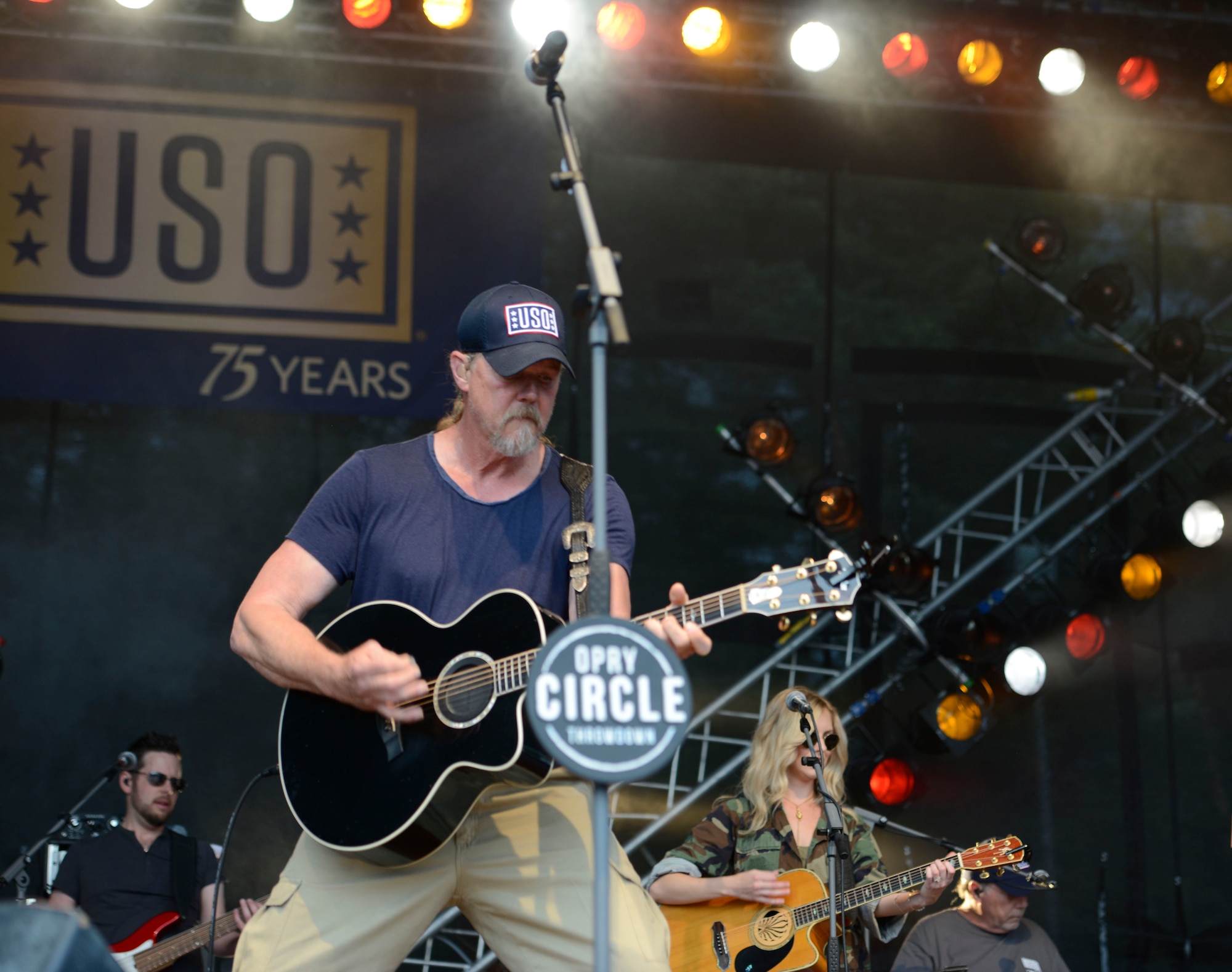 Trace Adkins, country music singer, plays his guitar during a free concert at Ramstein Air Base, Germany, June 11, 2016. The USO-sponsored concert was free to all Department of Defense members. (U.S. Air Force photo/ Airman 1st Class Joshua Magbanua)