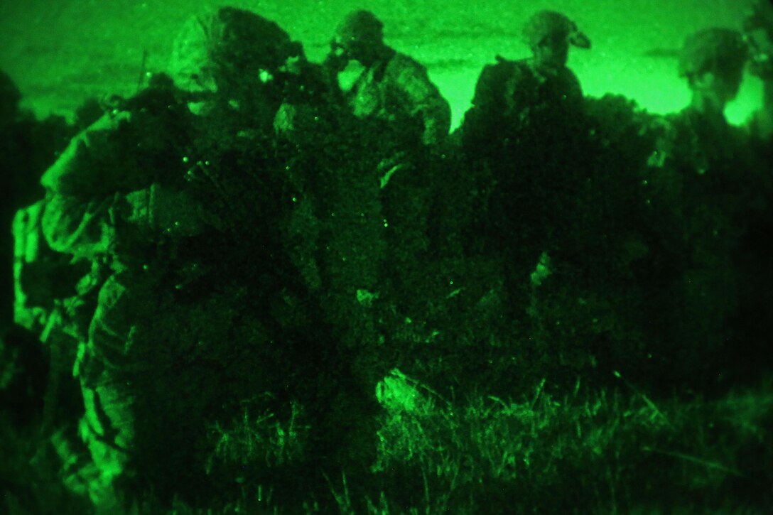 As seen through a night-vision device, soldiers participate in an air assault operation on a mock town during Operation Anakonda 2016 in Wedrzyn, Poland, June 11, 2016. The soldiers are assigned to the 173rd Airborne Brigade. The Polish-led exercise includes more than 31,000 participants from more than 20 nations. Army photo by Sgt. Ashley Marble
