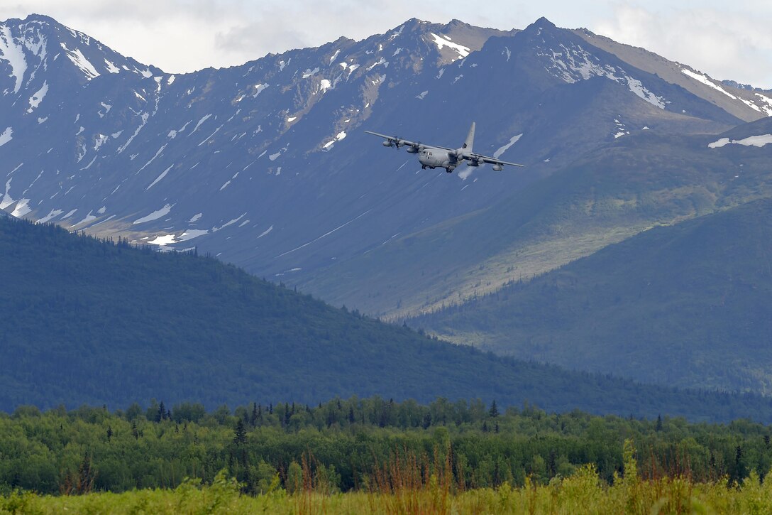 A KC-130J Super Hercules aircraft approaches a landing strip while transporting Japanese army paratroopers during Arctic Aurora 2016, on Malemute drop zone at Joint Base Elmendorf-Richardson, Alaska, June 2, 2016. Air Force photo by Alejandro Pena