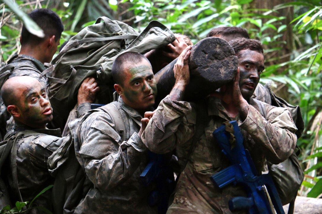 Soldiers carry their platoon leader atop a log at the French jungle warfare school in Gabon, June 9, 2016. Army photo by Staff Sgt. Candace Mundt