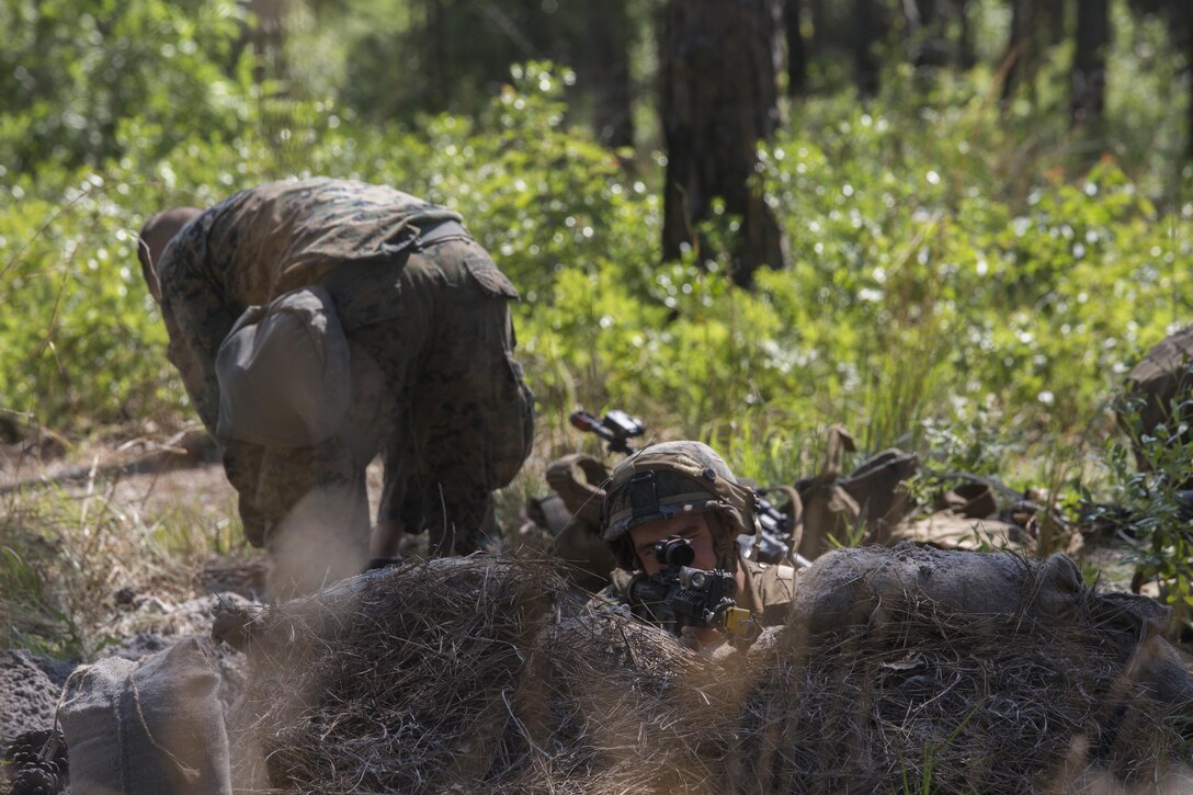 Private First Class Matthew Briggs, an assaultman with Lima Company, 3rd Battalion, 6th Marine Regiment, sets up security in a two-man team at Landing Zone Falcon at Camp Lejeune, N.C., June 9, 2016. The battalion conducted the final exercise, known as the Marine Corps Combat Readiness Evaluation, before they will chop over to the 24th Marine Expeditionary Unit slated for early 2017.