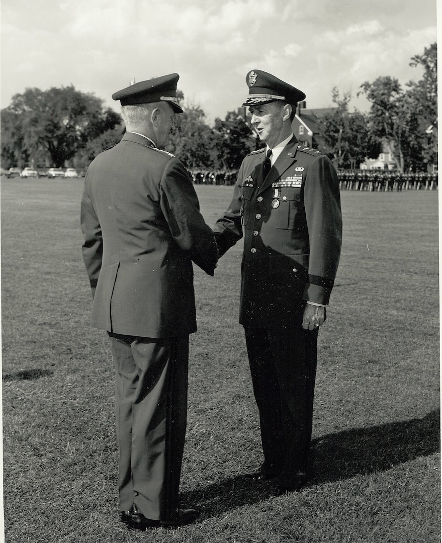 GEN Harold K. Johnson, Chief of Staff, US Army, congratulates Lt. Gen. Alva Fitch, Deputy Director, DIA, after presenting him the Distinguished Service Medal during a retirement ceremony held in his honor.  31 May 1966, Ft. Myer, VA.
