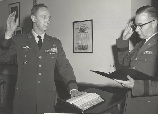 Maj. Gen. A. R. Fitch is sworn in as Assistant Chief of Staff for Intelligence by Maj. Gen. J.C. Lambert, the Adjutant General, US Army, in ceremony held at the Pentagon,  Washington, D.C., 16 October 1961
