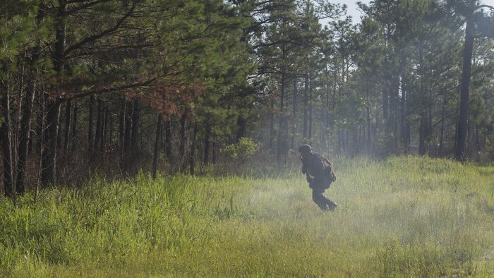 A Marine with 3rd Battalion, 6th Marine Regiment uses the cover of smoke from a simulation artillery round to move into the tree-line during the battalions' Marine Corps Combat Readiness Evaluation, at Marine Corps Base Camp Lejeune, North Carolina, May 10, 2016. The MCCRE, a pre deployment exercise, tests the Marines on operational readiness and their ability to operate as a whole.