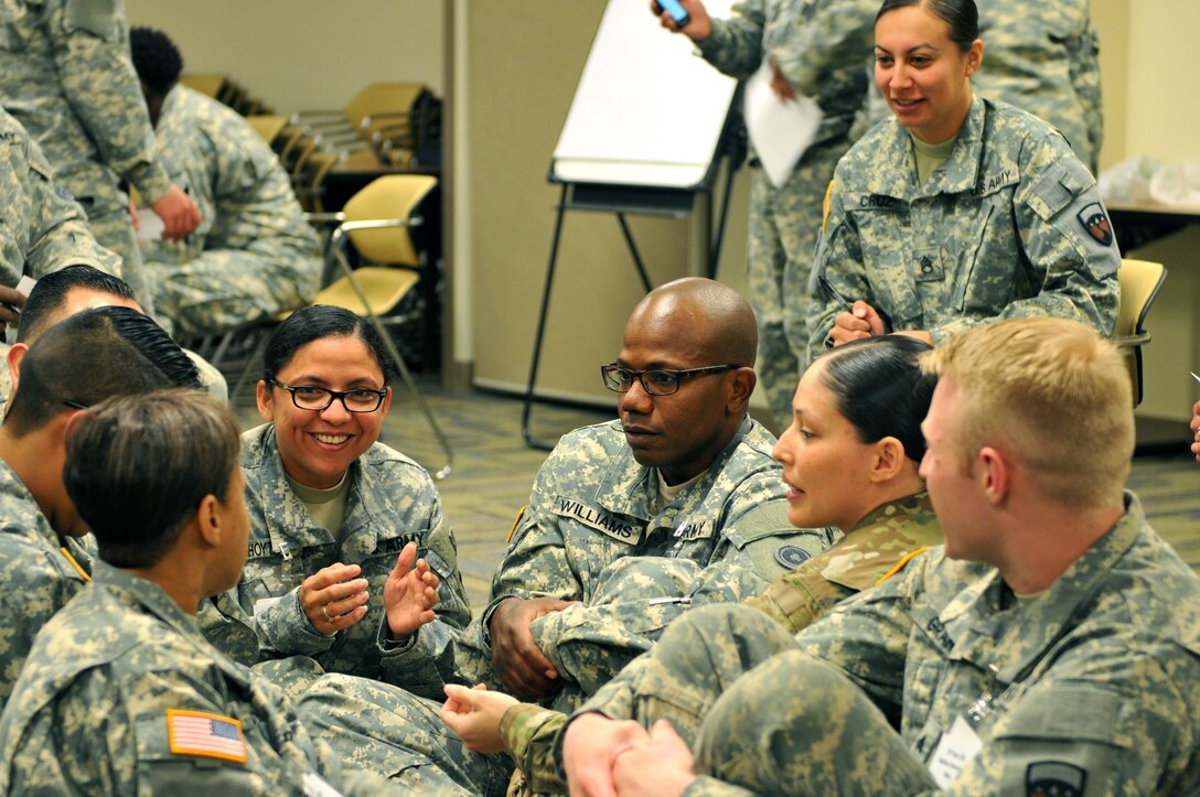 Soldiers attending an Equal Opportunity Leader Course participate in a Life Raft Activity, where Soldiers were given a confined area and a limited amount of time to vote Soldiers off the raft based on their perceptions and stereotypes of assigned characters. 

The course was hosted by the 63rd Regional Support Command, May 20-26, Armed Forces Reserve Center, Mountain View, Calif.