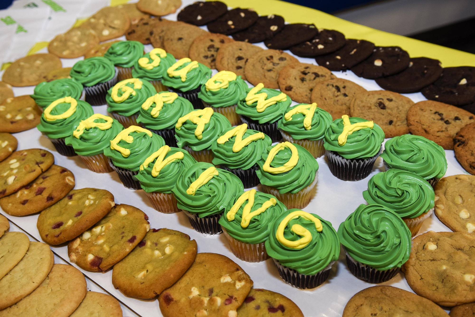 Cookies and cupcakes, saying “Subway Grand Opening,” were available for consumption during the Subway grand opening, June 10, 2016, at Seymour Johnson Air Force Base, North Carolina. Col. Joseph Slavick, 4th Mission Support group commander, along with Vincent James, Fort Bragg Exchange general manager, and representatives from the Seymour Johnson Air Force Base Exchange and Subway restaurant officially opened Subway with a cutting of the ribbon ceremony. (U.S. Air Force photo by Airman Shawna L. Keyes/Released)  