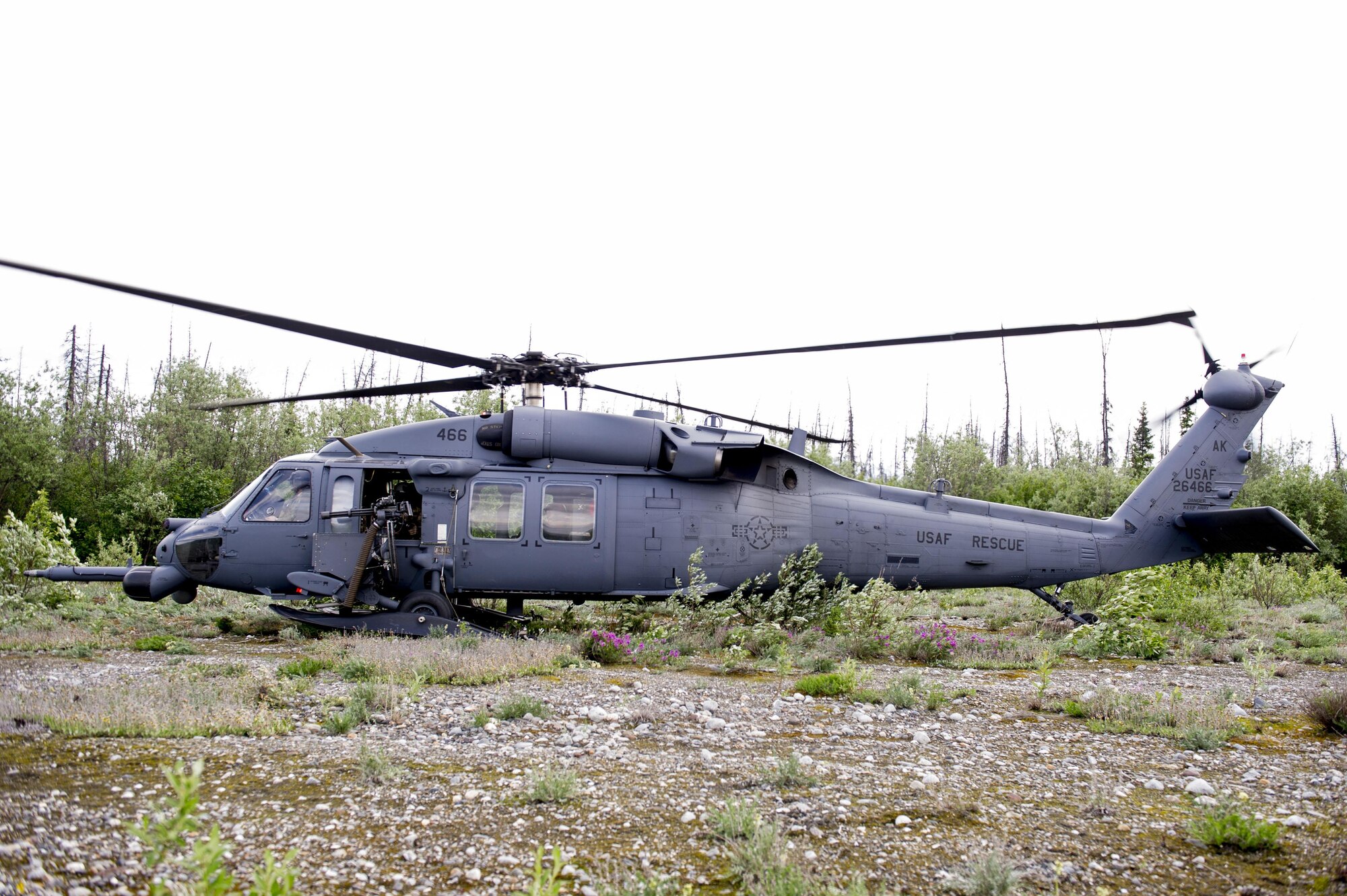 An Alaska Air National Guard HH-60 Pave Hawk helicopter from the 210th Rescue Squadron Detachment 1, Eielson Air Force Base, Alaska prepares to take off June 9, 2016, in the Joint Pacific Alaskan Range Complex. The 210th RQS Det 1 plays a vital role in providing support for potential alert incidents at Eielson during Red Flag- Alaska. (U.S. Air Force photo by Airman Isaac Johnson) 