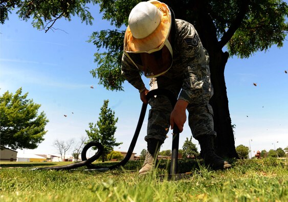 Staff Sgt. Feleena Farris, 22nd Civil Engineer Squadron pest management craftsman, vacuums bees from their hive in an irrigation hole, June 8, 2016, at McConnell Air Force Base, Kan. After the bees were vacuumed up and the queen was retrieved, the bees were relocated to a new area to rebuild their hive. (U.S. Air Force photo/Senior Airman David Bernal Del Agua)