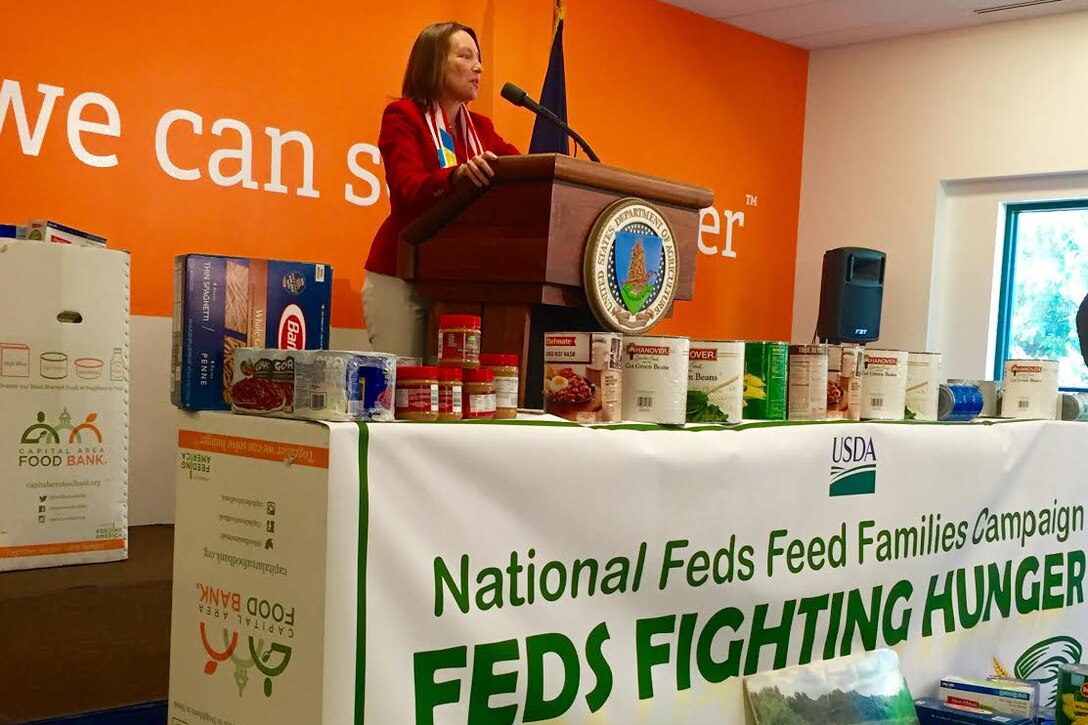 Nancy Roman, president and CEO of the Capital Area Food Bank, speaks during the 2016 Feds Feed Families kickoff event in Washington, D.C., June 10, 2016. DoD photo by Susan Suddarth