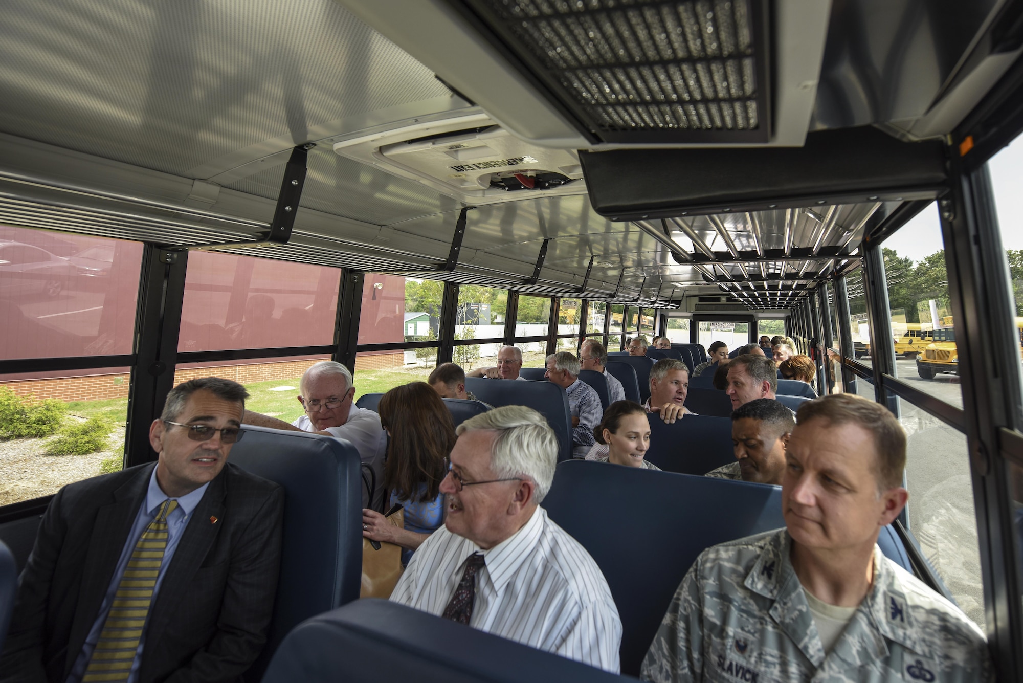 A number of 4th Fighter Wing and community leaders ride in a Wayne County School bus during their tour of three different county schools, May 11, 2016, in Goldsboro, North Carolina. Members received transportation in both an old and newer model school bus to experience the ride Wayne County School children take to and from school every day. (U.S. Air Force photo by Airman Shawna L. Keyes)