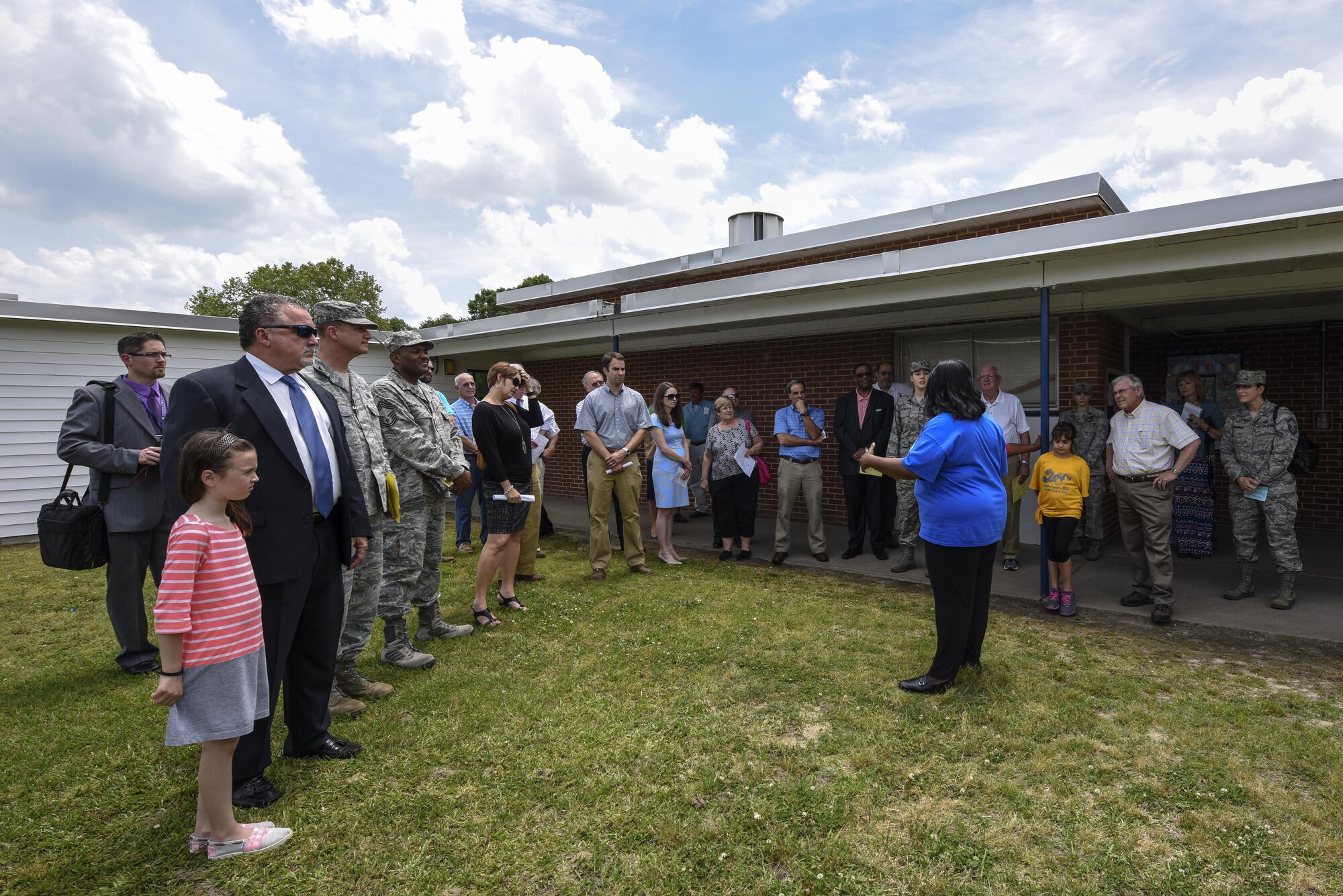 Karen Wellington Whichard, Meadow Lane Elementary School principal, speaks with leadership from both the 4th Fighter Wing and Wayne County during a tour, May 11, 2016, in Goldsboro, North Carolina. Whichard brought members into her school to show the conditions her teachers and students are teaching and learning in and what they’ve done to try to maintain the 1958 facility. (U.S. Air Force photo by Airman Shawna L. Keyes) 