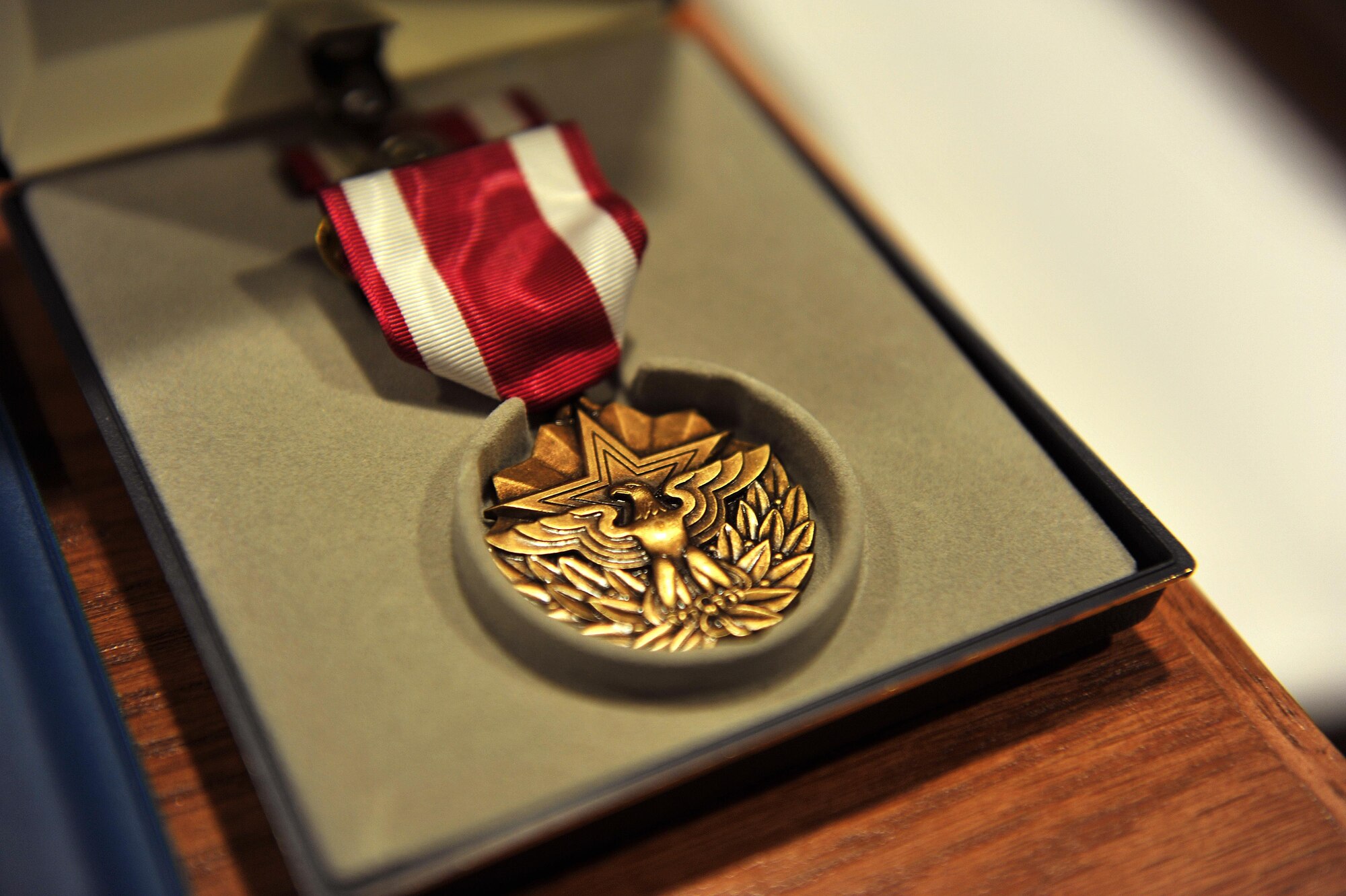 A Meritorious Service Medal rests in its case before being pinned on retired Chaplain (Lt. Col.) John Tillery, 17th Training Wing, during his retirement ceremony at Taylor Chapel on Goodfellow Air Force Base, Texas, June 10, 2016. Tillery retired after 24 years of service and is one of the last Vietnam War Era active-duty service members. (U.S Air Force photo by Airman 1st Class Caelynn Ferguson/Released)
