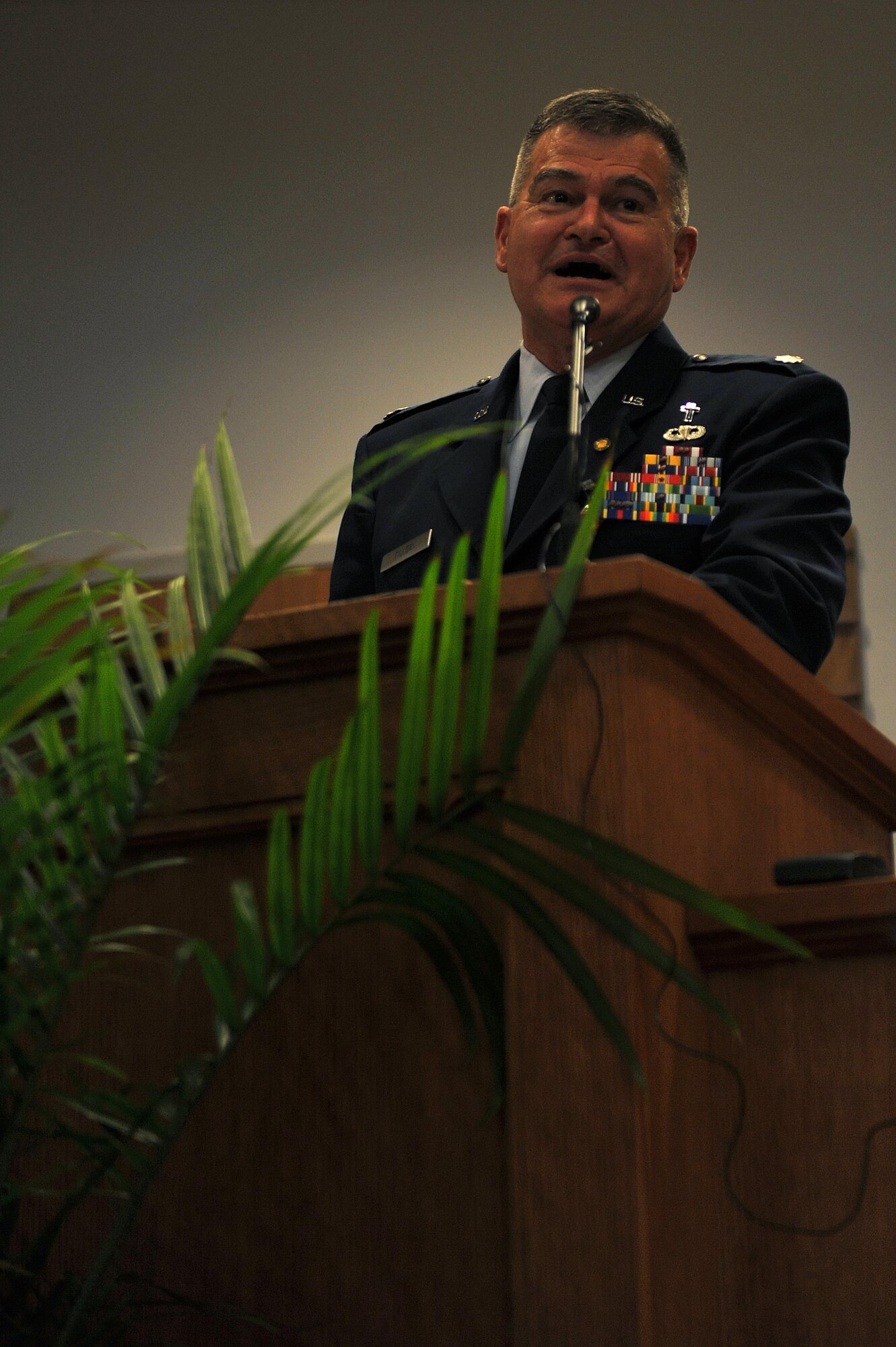 U.S. Air Force Chaplain (Lt. Col.) John Tillery, 17th Training Wing, speaks during his retirement ceremony at Taylor Chapel on Goodfellow Air Force Base, Texas, June 6, 2016. Tillery retired after 24 years of service as one of the last Vietnam War Era active-duty service members. (U.S. Air Force photo by Airman 1st Class Caelynn Ferguson/Released)
