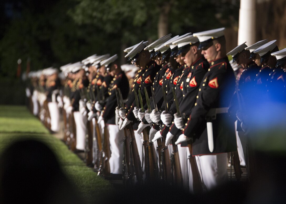 Company A, Marine Barracks Washington, D.C., performs during the Friday Evening Parade, Jun. 10, 2016. The guest of honor for the parade was the Honorable Mazie Hirono, senator of Hawaii, and the hosting official was Lt. Gen. Michael G. Dana, deputy commandant for Installations and Logistics.(Official Marine Corps photo by Cpl. Chi Nguyen/Released)
