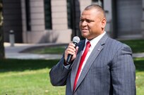 Rory Wells, assistant prosecutor from New Jersey’s Ocean County Prosecutor's Office and a former Marine, speaks to approximately 75 Army recruits during an Army Birthday celebration hosted by the U.S. Army Mid-Atlantic Recruiting Battalion June 11 in Trenton, New Jersey.