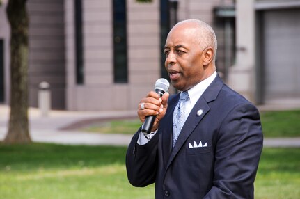 Mayor Eric Jackson of Trenton, New Jersey, reads the Flag Act of 1777 as well as a Flag Day proclamation to approximately 75 Army recruits during an Army Birthday celebration hosted by the U.S. Army Mid-Atlantic Recruiting Battalion June 11 in Trenton.