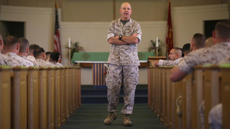 Lt. Gen. David Berger, the commanding general of I Marine Expeditionary Force, addresses the audience at integration education training at the Marine Memorial Chapel June 7, 2016. The training highlighted the placement of female Marines into previously closed combat arms occupations and units. “It’s about managing the whole population of the Marine Corps to make sure that as a warfighting organization, we’re moving people to the right assignments,” Berger said.