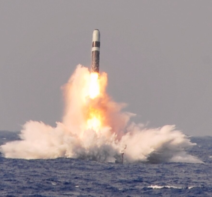 ATLANTIC OCEAN (June 2, 2014) - A Trident II D-5 ballistic missile launches from the Ohio-class ballistic missile submarine USS West Virginia (SSBN 736) during a missile test at the Atlantic Missile Range. Two years later – on June 2, 2016 – Navy Strategic Systems Programs (SSP) Director Vice Adm. Terry Benedict presented the SSP Director's Award to Naval Surface Warfare Center Dahlgren Division (NSWCDD) senior scientist Kim Payne for leadership impacting the Fleet Ballistic Missile Program. Payne was honored for her expertise in fire control software and targeting models as well as quality assurance methodology enhancements to improve Fleet Ballistic Missile deployed software product effectiveness and efficiency. Benedict said her efforts, “directly contributed to the Fleet Ballistic Missile Program and successful SSGN (Ohio-class guided-missile submarine) conversion software initiatives.”  (U.S. Navy photo/Released)