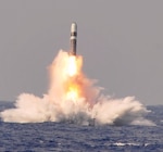 ATLANTIC OCEAN (June 2, 2014) - A Trident II D-5 ballistic missile launches from the Ohio-class ballistic missile submarine USS West Virginia (SSBN 736) during a missile test at the Atlantic Missile Range. Two years later – on June 2, 2016 – Navy Strategic Systems Programs (SSP) Director Vice Adm. Terry Benedict presented the SSP Director's Award to Naval Surface Warfare Center Dahlgren Division (NSWCDD) senior scientist Kim Payne for leadership impacting the Fleet Ballistic Missile Program. Payne was honored for her expertise in fire control software and targeting models as well as quality assurance methodology enhancements to improve Fleet Ballistic Missile deployed software product effectiveness and efficiency. Benedict said her efforts, “directly contributed to the Fleet Ballistic Missile Program and successful SSGN (Ohio-class guided-missile submarine) conversion software initiatives.”  (U.S. Navy photo/Released)