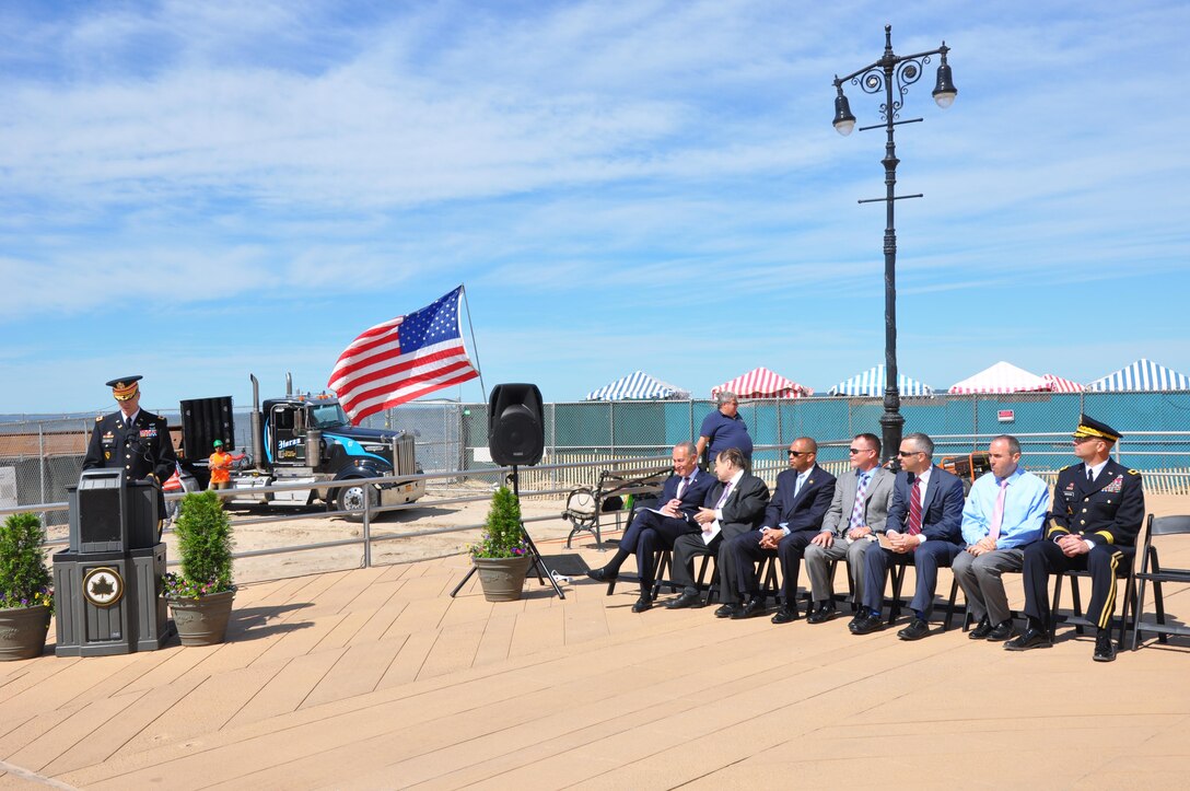 Col. David Caldwell, commander, USACE, New York District, addresses federal, state and local sponsors during a press event to announce the completion of the Sea Gate Reach project in Coney Island, New York. 