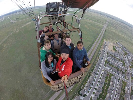 Schriever Air Force Base single Airmen pose for a selfie during a Single Airmen Initiative hot-air balloon event in Fountain, Colorado, Sunday, June 12, 2016.  The program is designed to offer single Airmen an opportunity to participate in recreational trips and activities at no cost.  (Courtesy photo)  