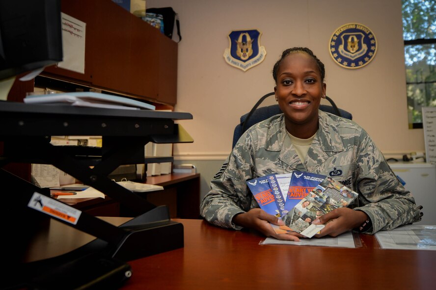 Master Sgt. Kenya McCall, Central Recruiting Squadron Air Force in-service recruiter, poses for a photo at Barksdale Air Force Base, La., June 7, 2016. McCall is available to provide one-on-one counseling sessions to educate, advise and assist Airmen making an active duty to reserve transition. (U.S. Air Force Photo/Senior Airman Mozer O. Da Cunha)