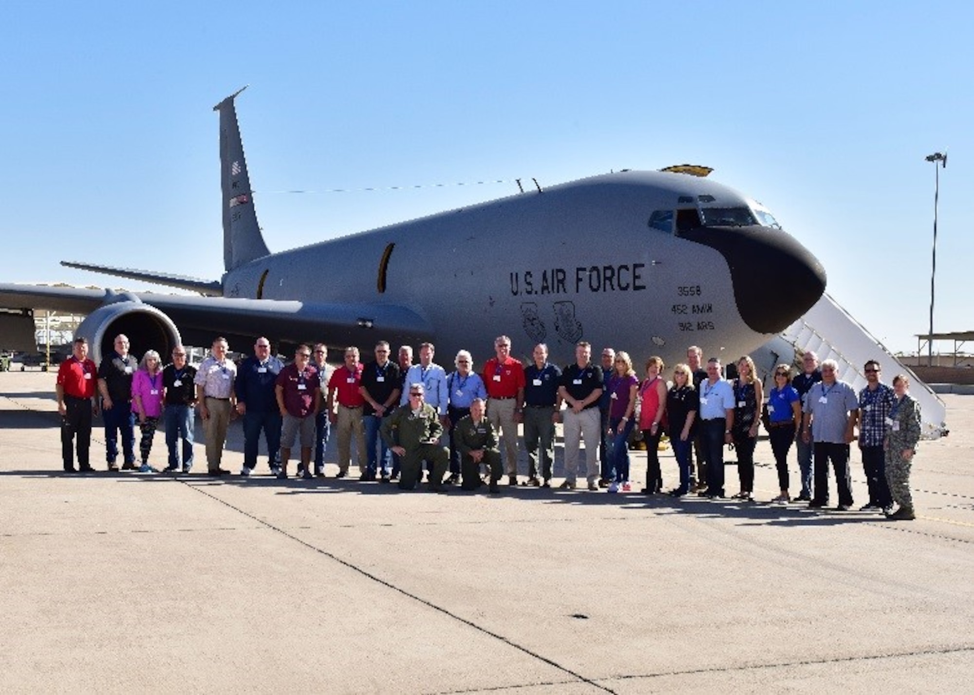 Civic leaders from around the country and members from the 944th Fighter Wing pose for a photo before taking off to Whiteman Air Force Base, Mo., June 7 at Luke Air Force Base, Ariz. (U.S. Air Force photo by Maj. Peter Cossette)