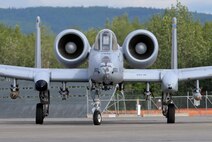 A U.S. Air Force A-10 Thunderbolt II twin-engine, ground-attack aircraft assigned to the 354th Fighter Squadron (FS) out of Davis-Monthan Air Force Base, Ariz., maneuvers down the Eielson Air Force Base, Alaska, taxiway June 6, 2016, during RED FLAG-Alaska (RF-A) 16-2. RF-A is a series of Pacific Air Forces commander-directed field training exercises that enable U.S. and partner nation forces like the 354 FS "Bulldogs" to sharpen their combat skills by flying simulated combat sorties alongside joint and international forces in a realistic threat environment inside the largest instrumented air, ground and electronic combat training range in the world. (U.S. Air Force photo by Master Sgt. Karen J. Tomasik/Released)