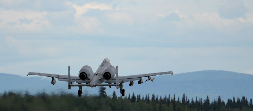 A U.S. Air Force A-10 Thunderbolt II twin-engine, ground-attack aircraft assigned to the 354th Fighter Squadron (FS) out of Davis-Monthan Air Force Base, Ariz., takes off from the Eielson Air Force Base, Alaska, runway June 7, 2016, during RED FLAG-Alaska (RF-A) 16-2. RF-A is a series of Pacific Air Forces commander-directed field training exercises that enable U.S. and partner nation forces like the 354 FS "Bulldogs" to sharpen their combat skills by flying simulated combat sorties alongside joint and international forces in a realistic threat environment inside the Joint Pacific Alaska Range Complex. (U.S. Air Force photo by Master Sgt. Karen J. Tomasik/Released)