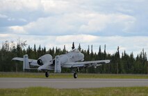 A U.S. Air Force A-10 Thunderbolt II twin-engine, ground-attack aircraft assigned to the 354th Fighter Squadron (FS) out of Davis-Monthan Air Force Base, Ariz., lifts off from the Eielson Air Force Base, Alaska, runway June 7, 2016, during a RED FLAG-Alaska (RF-A) 16-2 afternoon sortie. RF-A, a series a Pacific Air Forces commander-directed field exercises, enables U.S. and international forces like the 354 FS "Bulldogs" to sharpen their combat skills by flying simulated combat sorties in a realistic threat environment inside the more than 67,000 square miles airspace known as the Joint Pacific Alaska Range Complex. (U.S. Air Force photo by Master Sgt. Karen J. Tomasik/Released)