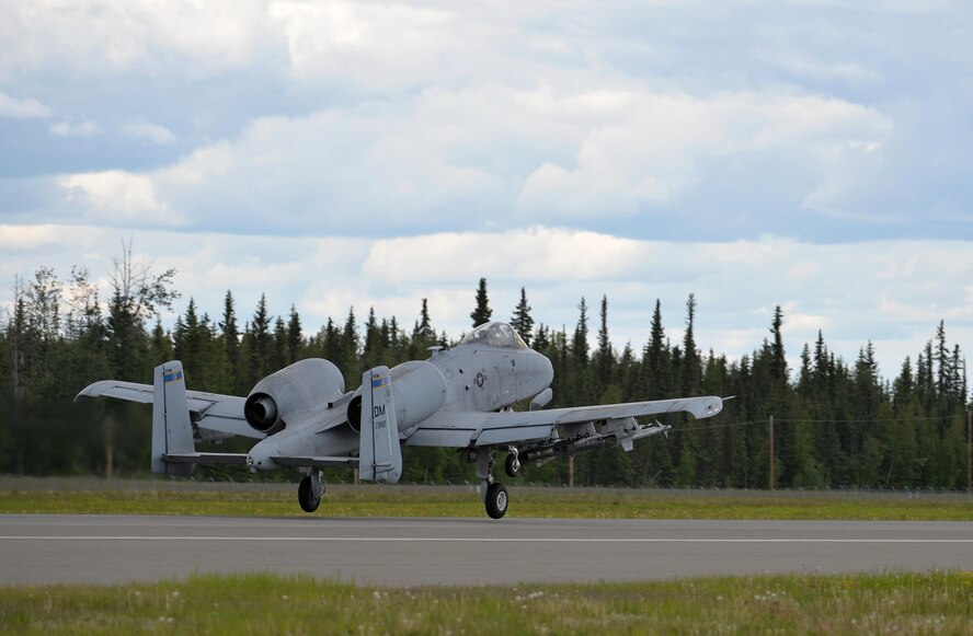 A U.S. Air Force A-10 Thunderbolt II twin-engine, ground-attack aircraft assigned to the 354th Fighter Squadron (FS) out of Davis-Monthan Air Force Base, Ariz., lifts off from the Eielson Air Force Base, Alaska, runway June 7, 2016, during a RED FLAG-Alaska (RF-A) 16-2 afternoon sortie. RF-A, a series a Pacific Air Forces commander-directed field exercises, enables U.S. and international forces like the 354 FS "Bulldogs" to sharpen their combat skills by flying simulated combat sorties in a realistic threat environment inside the more than 67,000 square miles airspace known as the Joint Pacific Alaska Range Complex. (U.S. Air Force photo by Master Sgt. Karen J. Tomasik/Released)