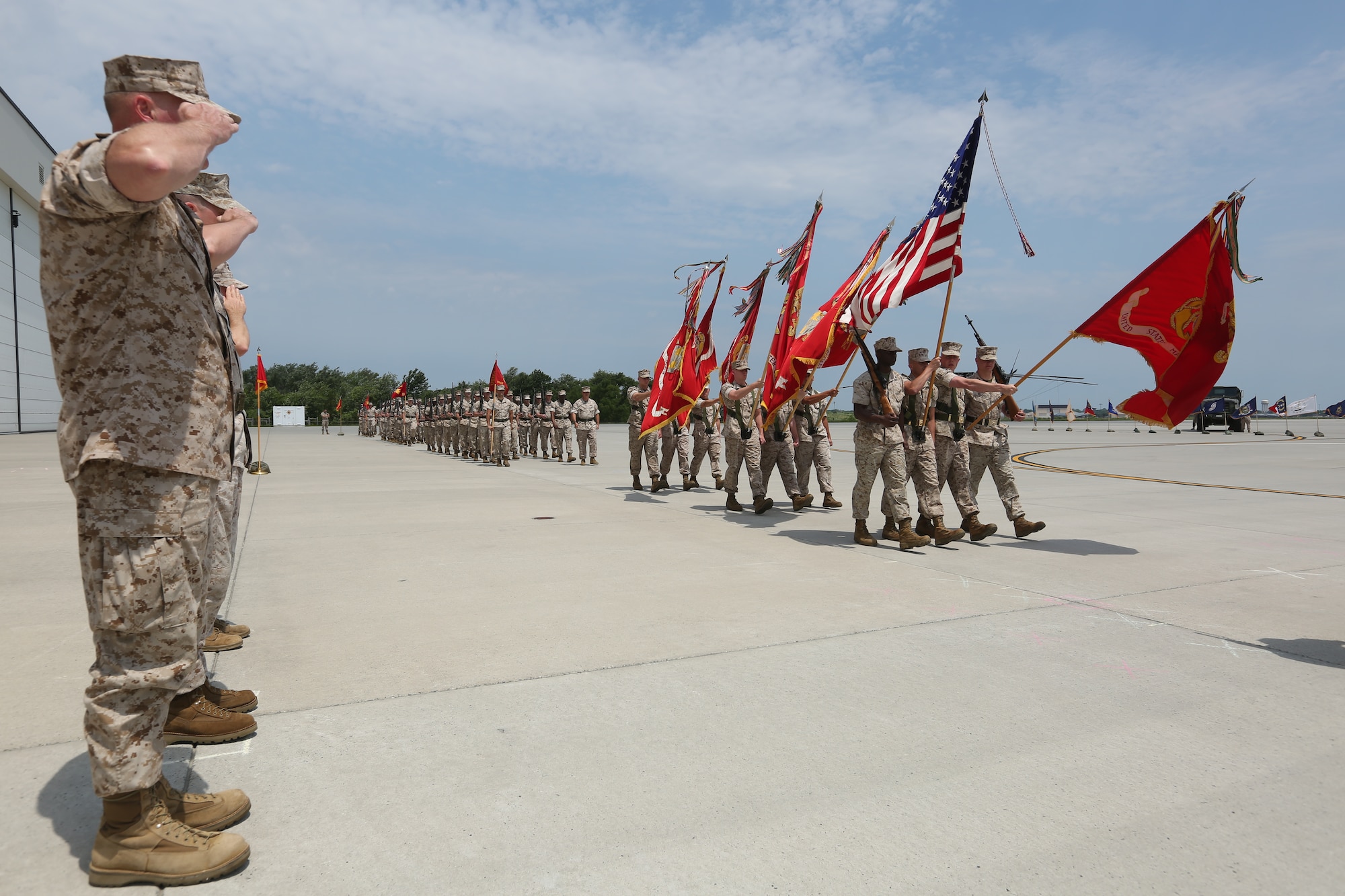 Marines from the Marine Aircraft Group 49 welcomed their new commander, Col. Robert J. Braatz Jr., during a change of command ceremony June 11, 2016, at Joint Base McGuire-Dix-Lakehurst, New Jersey. (U.S. Marine Corps photo by Lance Cpl. Stanley Moy)