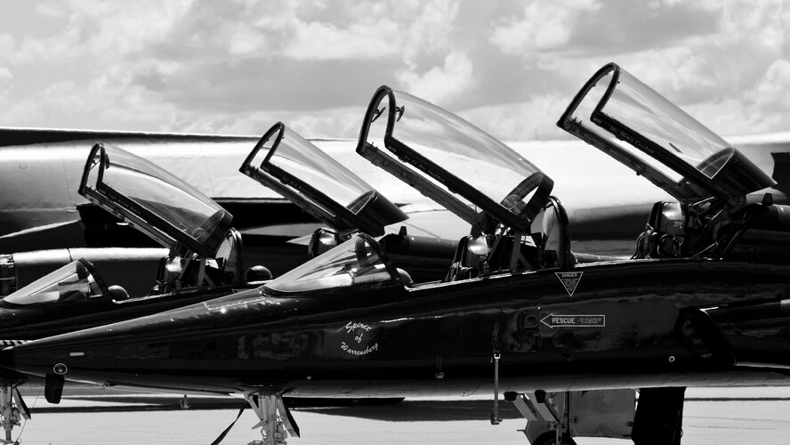 Two T-38 Talons sit at Base Operations at Minot Air Force Base, N.D., June 3, 2016. Aircraft from around Air Force Global Strike Command visited Minot for the 5th Bomb Wing change of command. (U.S. Air Force photos/Airman 1st Class J.T. Armstrong)