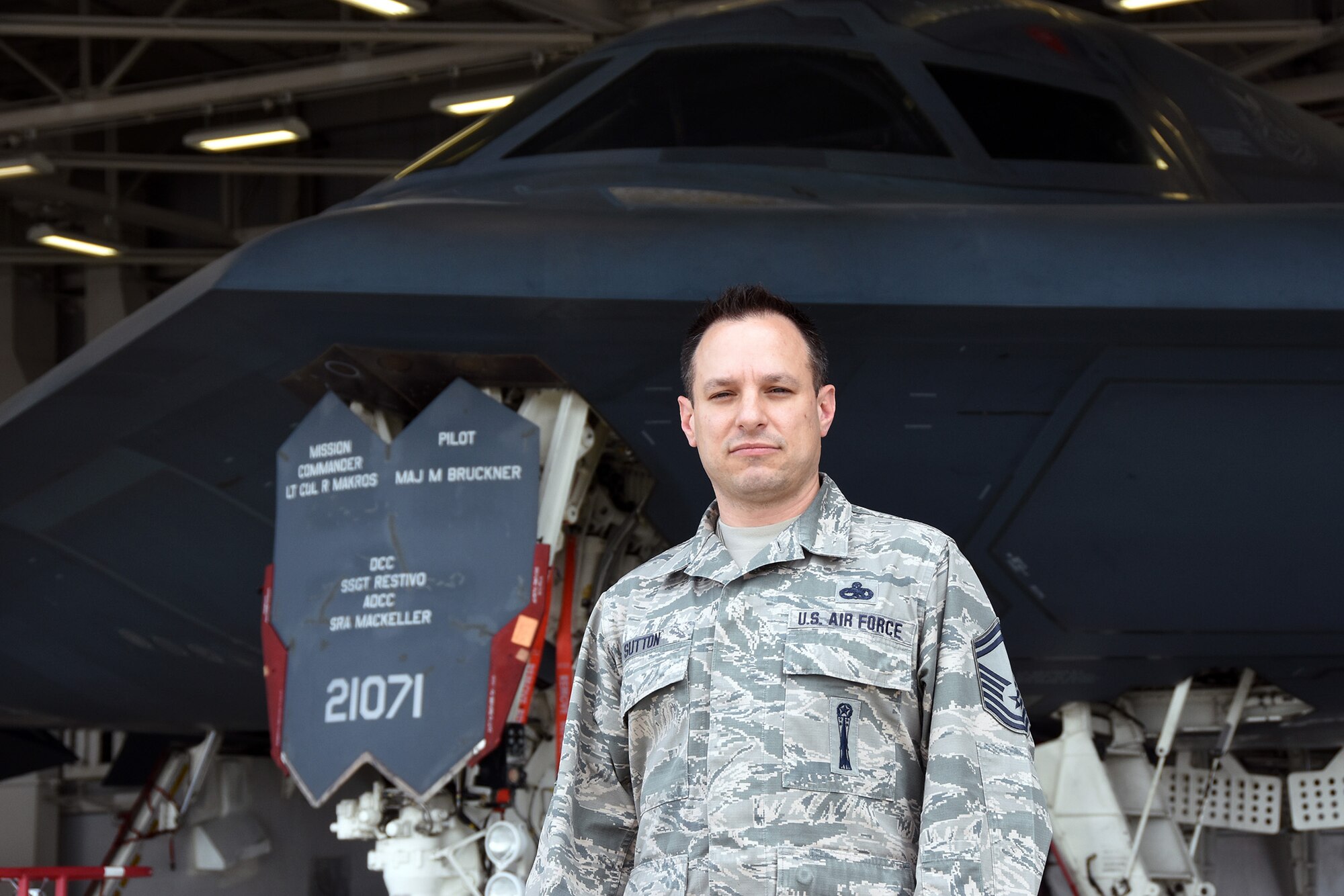 Senior Master Sgt. James Sutton stands with the 131st Bomb Wing’s primary weapon system, the B-2 Spirit Stealth Bomber, at Whiteman Air Force Base, Missouri. The Air National Guard Safety Center recently selected Sutton for the prestigious 2015 Air National Guard Individual Weapons Safety Award.  (U.S. Air National Guard photo by Senior Master Sgt. Mary-Dale Amison