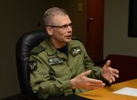 Royal Canadian Air Force Maj. Gen. Christopher J. Coates, North American Aerospace Defense Command (NORAD) director of operations, conducts an interview during his visit to USSTRATCOM Headquarters, Offutt Air Force Base, Neb., June 13, 2016. While here, Coates received briefings on USSTRATCOMâ€™s missions, participated in a roundtable discussion with senior leaders, delivered a NORAD overview and evolution briefing to members of the command and conducted an office call with U.S. Air Force Lt. Gen. Stephen W. Wilson, USSTRATCOM deputy commander. Hosting Coatesâ€™ visit supports USSTRATCOMâ€™s ongoing effort to build, sustain and support partnerships with ally nations and other combatant commands. One of nine DoD unified combatant commands, USSTRATCOM has global strategic missions, assigned through the Unified Command Plan, which include strategic deterrence; space operations; cyberspace operations; joint electronic warfare; global strike; missile defense; intelligence, surveillance and reconnaissance; combating weapons of mass destruction; and analysis and targeting. (USSTRATCOM photo by Master Sgt. April Wickes)