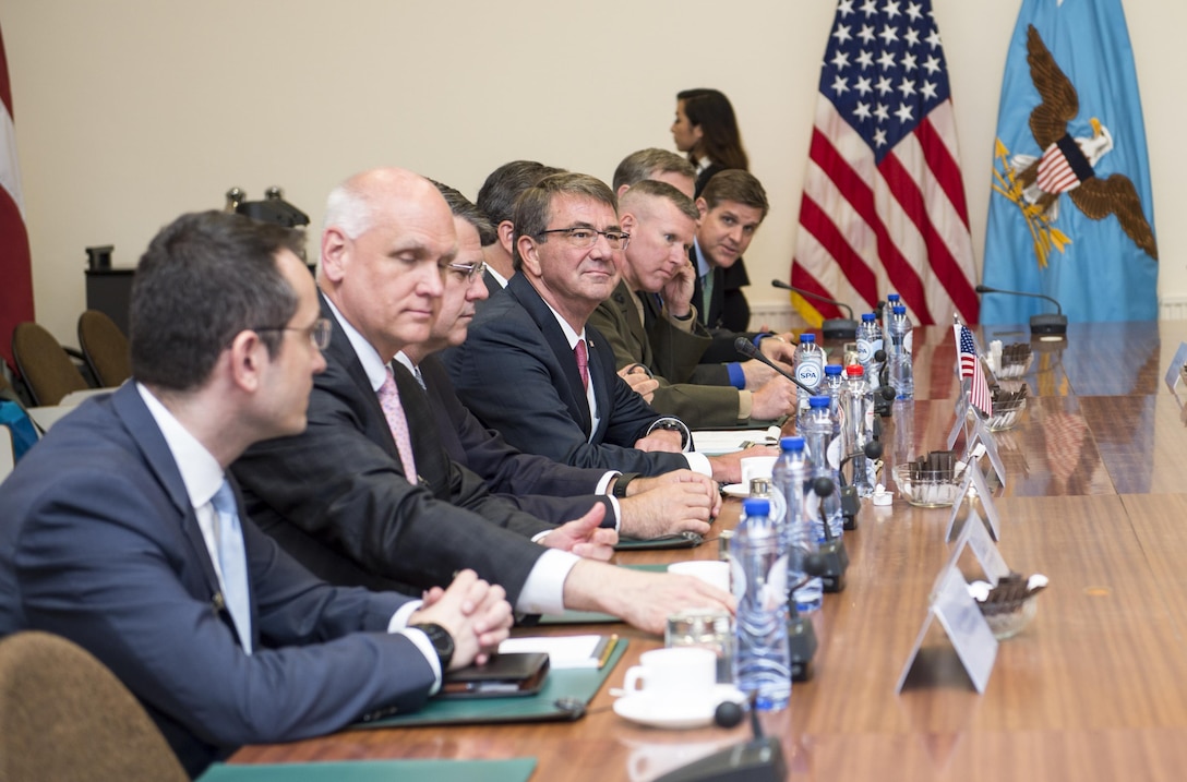 Defense Secretary Ash Carter prepares to meet with Turkish Defense Minister Fikri Isik at NATO headquarters in Brussels, June 14, 2016. DoD photo by Air Force Staff Sgt. Brigitte N. Brantley