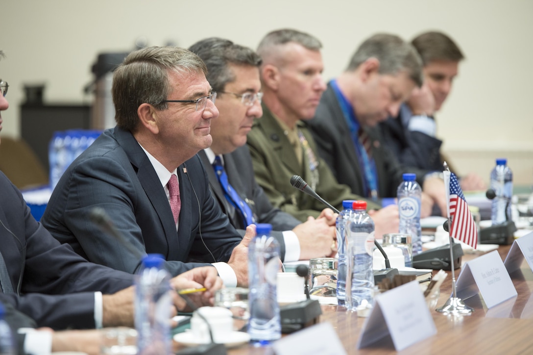 Defense Secretary Ash Carter smiles during a meeting with Turkish Defense Minister Fikri Isik at NATO headquarters in Brussels, June 14, 2016. DoD photo by Air Force Staff Sgt. Brigitte N. Brantley