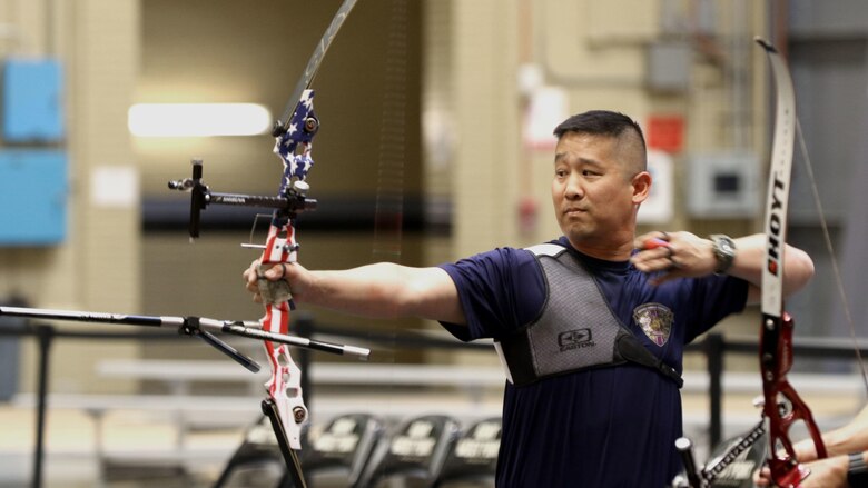 U.S. Marine Corps veteran Christopher McGleinnaiss practices archery in preparation for the 2016 Department of Defense Warrior Games at the U.S. Military Academy at West Point, New York, June 13, 2016. McGleinnaiss, an Orinda, Calif., native, is a member of the 2016 DoD Warrior Games Team Marine Corps. The 2016 DoD Warrior Games is an adaptive sports competition for wounded, ill and injured Service members and veterans from the U.S. Army, Marine Corps, Navy, Air Force, Special Operations Command and the British Armed Forces.