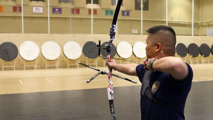 U.S. Marine Corps veteran Christopher McGleinnaiss practices archery in preparation for the 2016 Department of Defense Warrior Games at the U.S. Military Academy at West Point, New York, June 13, 2016. McGleinnaiss, an Orinda, Calif., native, is a member of the 2016 DoD Warrior Games Team Marine Corps. The 2016 DoD Warrior Games is an adaptive sports competition for wounded, ill and injured Service members and veterans from the U.S. Army, Marine Corps, Navy, Air Force, Special Operations Command and the British Armed Forces.