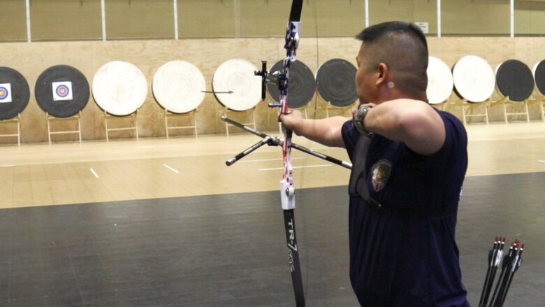 U.S. Marine Corps veteran Christopher McGleinnaiss practices archery in preparation for the 2016 Department of Defense Warrior Games at the U.S. Military Academy at West Point, New York, June 13, 2016. McGleinnaiss, an Orinda, Calif., native, is a member of the 2016 DoD Warrior Games Team Marine Corps. The 2016 DoD Warrior Games is an adaptive sports competition for wounded, ill and injured Service members and veterans from the U.S. Army, Marine Corps, Navy, Air Force, Special Operations Command and the British Armed Forces.