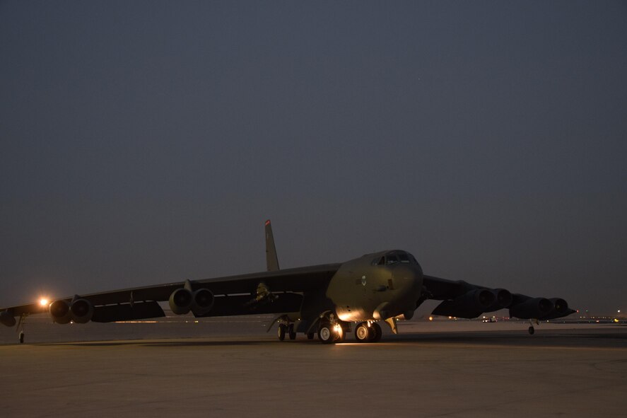 A B-52 Stratofortress returns to Al Udeid Air Base, Qatar, from a successful bombing mission over Iraq and Syria June 2, 2016. The 19-nation air coalition here supporting Operation Inherent Resolve and Operation Resolute Support has conducted the most precise air campaign in history, resulting in Da’esh losing 45 percent of territory it controlled in Iraq and 20 percent in Syria since August 2014. (U.S. Air Force photo/Technical Sgt. Carlos J.Treviño/Released)