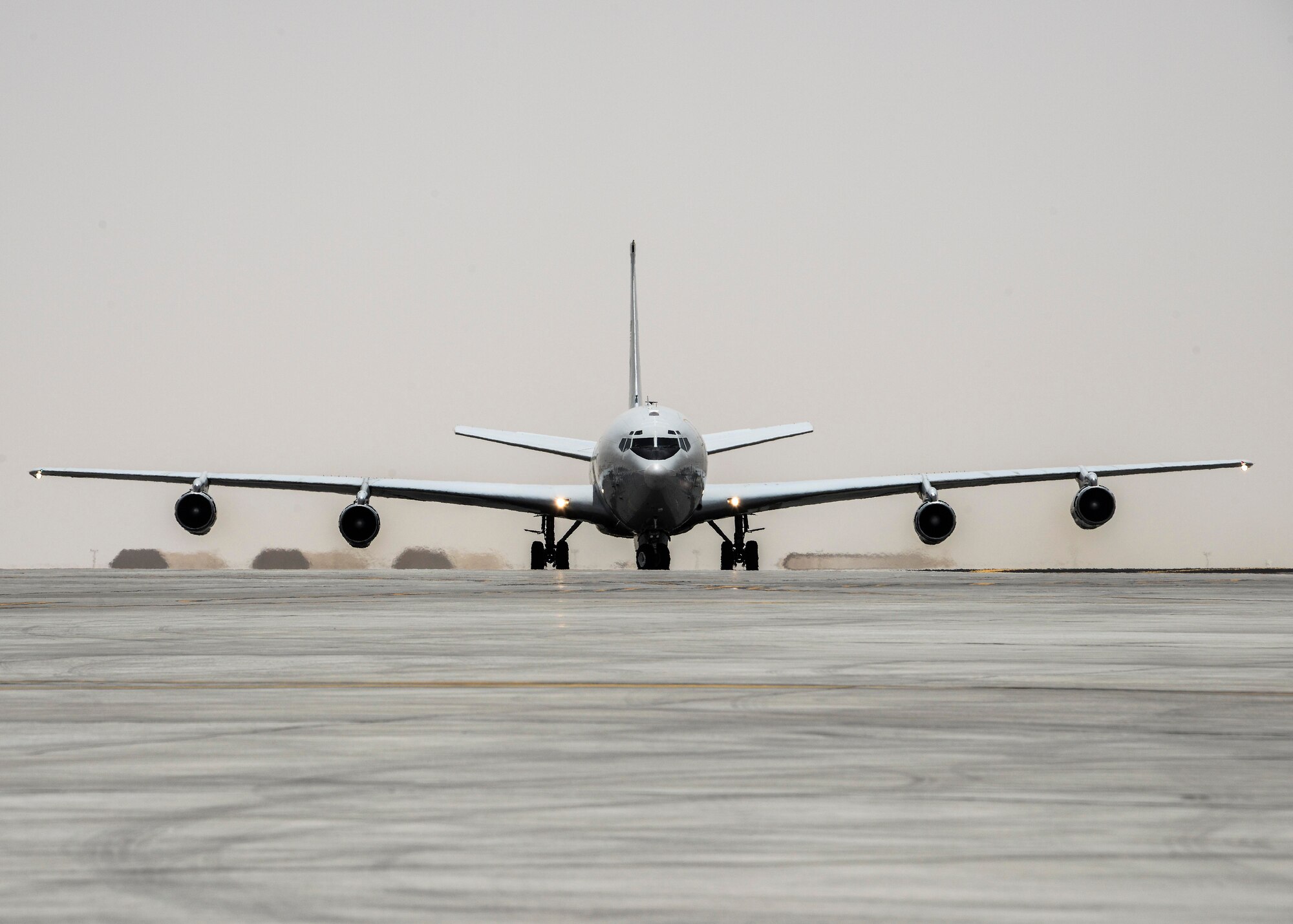 An E-8C Joint Surveillance Target Attack Radar System taxis down the runway after completing a mission June 7, 2016, at Al Udeid Air Base, Qatar. The E-8C JSTARS aircraft uses its radar systems to support ground units and direct air support throughout the area of responsibility. (U.S. Air Force photo/Senior Airman Janelle Patiño/Released)