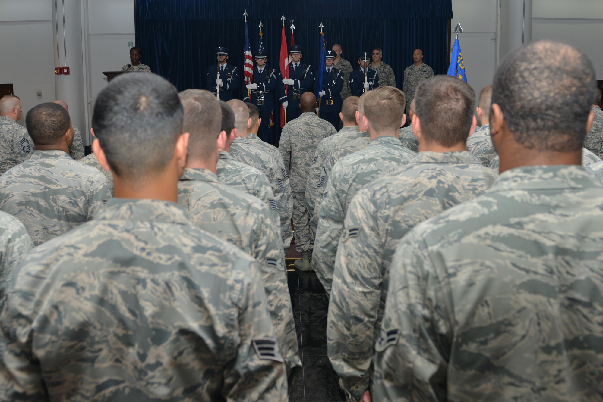 Airmen from the Incirlik Air Base honor guard present the colors at the 39th Communications Squadron change of command ceremony June 14, 2016, at Incirlik AB, Turkey. A change of command ceremony is a tradition that represents a formal transfer of authority and responsibility from the outgoing commander to the incoming commander. (U.S. Air Force photo by Senior Airman John Nieves Camacho/Released)