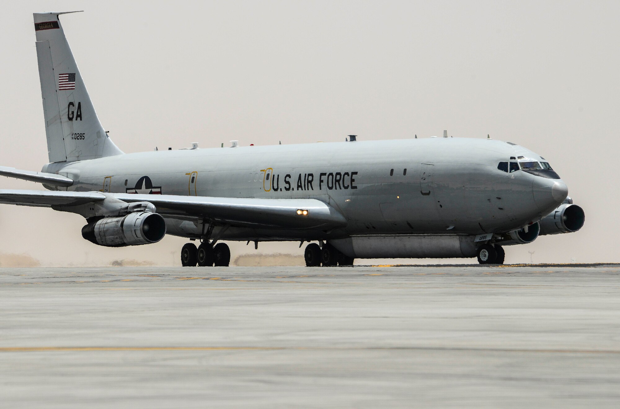 An E-8C Joint Surveillance Target Attack Radar Systems taxis down the runway after completing a mission June 7, 2016, at Al Udeid Air Base, Qatar. The JSTARS team flies 10 to 11 hours per mission to provide ground commanders with intelligence, surveillance and reconnaissance air power to boost force protection, defensive operations, over-watch and combat search and rescue missions throughout the area of responsibility. (U.S. Air Force photo/Senior Airman Janelle Patiño/Released)