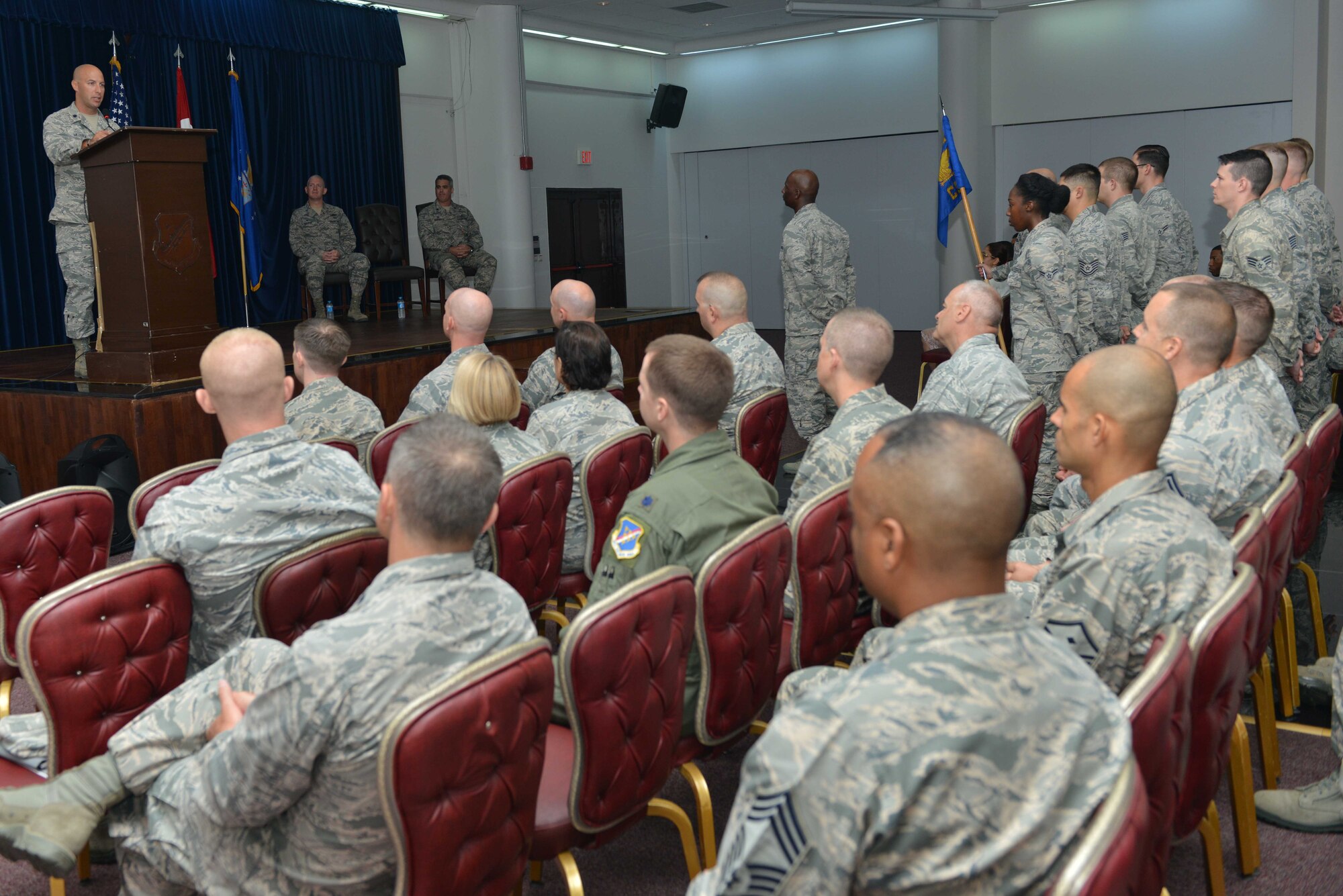 U.S. Air Force Lt. Col. Timothy Meerstein, 39th Communications Squadron incoming commander, speaks to Airmen in attendance at a change of command ceremony June 14, 2016, at Incirlik Air Base, Turkey. Prior to taking command, Meerstein served as the chief of the operations division, communications and information directorate, Headquarters Air Force Special Operations Command, Hurlburt Field, Florida. (U.S. Air Force photo by Senior Airman John Nieves Camacho/Released)
