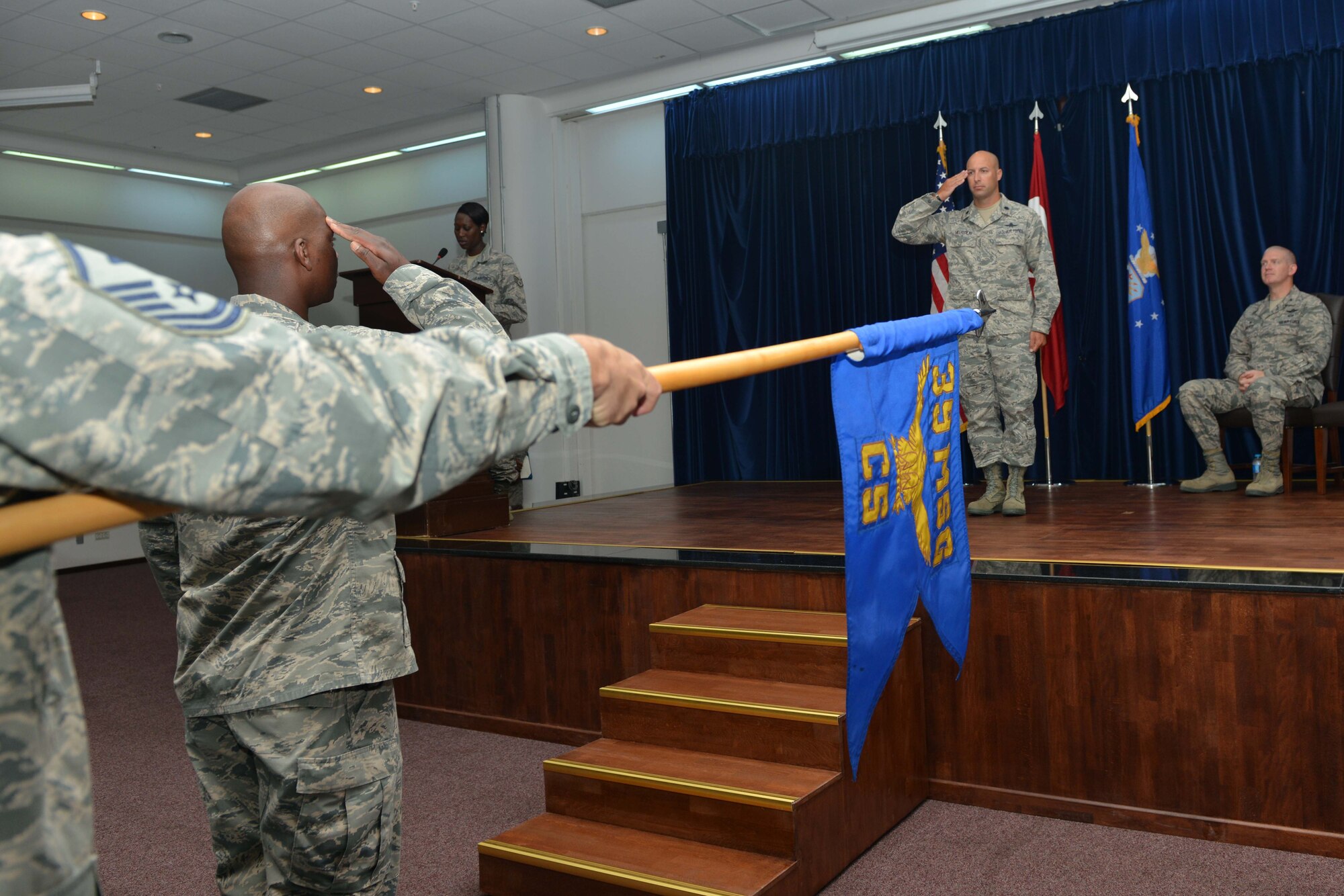 U.S. Air Force Lt. Col. Timothy Meerstein, 39th Communications Squadron incoming commander, renders his first salute to squadron personnel during a change of command ceremony June 14, 2016, at Incirlik Air Base, Turkey. The 39th CS commander is responsible for the military, civilian, and contractor personnel providing command, control, communications, computer, information services to more than 5,000 military and civilian personnel within the 39th Air Base Wing, tenant units and five geographically separated units throughout Turkey. (U.S. Air Force photo by Senior Airman John Nieves Camacho/Released)