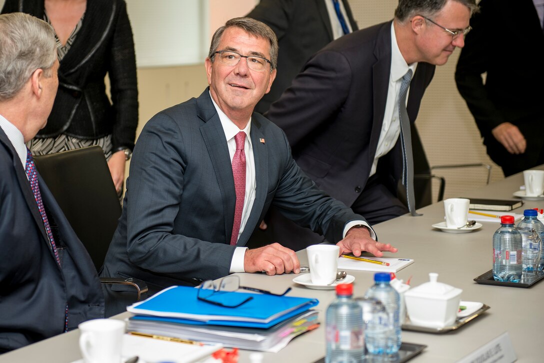 Defense Secretary Ash Carter prepares to meet with NATO Secretary General Jens Stoltenberg at NATO headquarters in Brussels, June 14, 2016. DoD photo by Air Force Staff Sgt. Brigitte N. Brantley