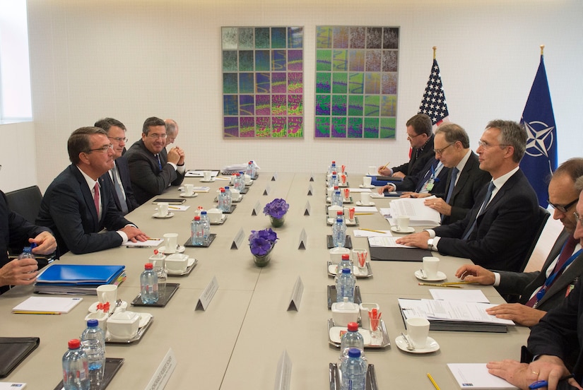 Defense Secretary Ash Carter meets with NATO Secretary General Jens Stoltenberg at NATO headquarters Brussels, June 14, 2016. DoD photo by Air Force Senior Master Sgt. Adrian Cadiz